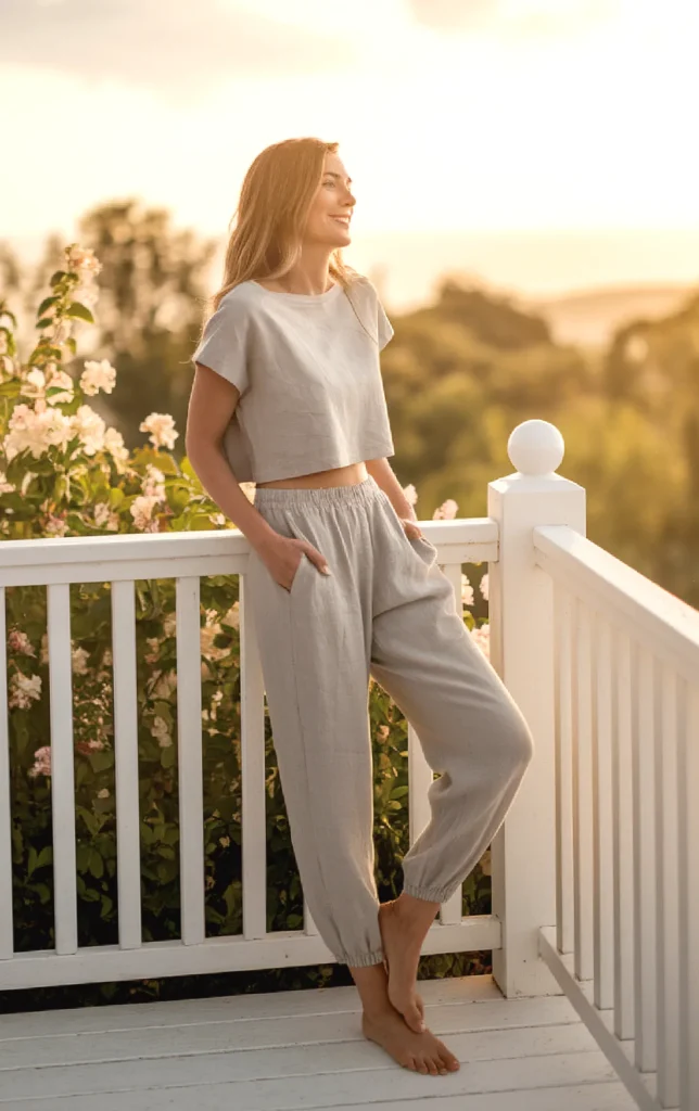 Woman in casual linen outfit on sunlit balcony, surrounded by flowers and greenery, enjoying a peaceful sunset moment.
