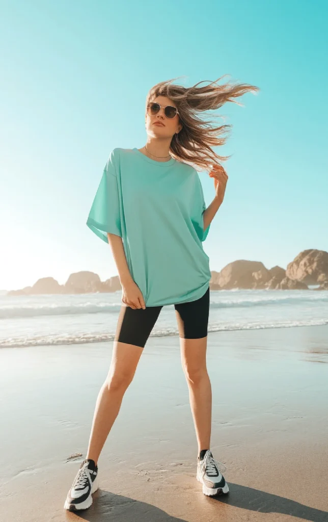 Woman in sunglasses wearing a turquoise shirt and black shorts, standing on a sunny beach with a clear sky.