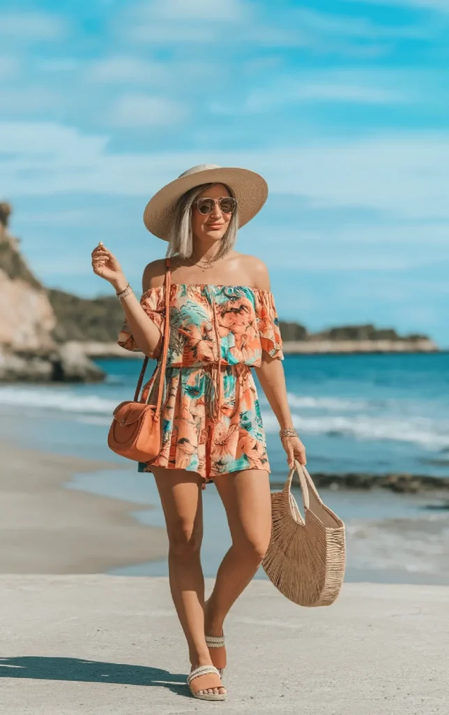 Woman in floral romper and sun hat strolling on a sunny beach, holding basket bag.
