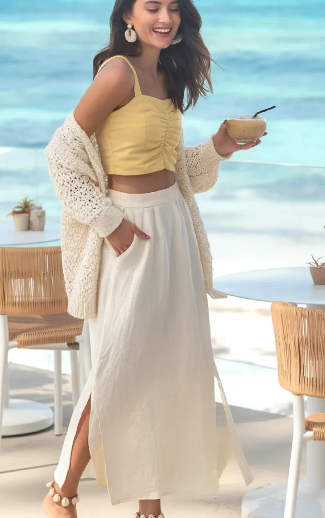 Woman in summer outfit enjoys drink by the beach, wearing a yellow top, white skirt, and crochet cardigan.