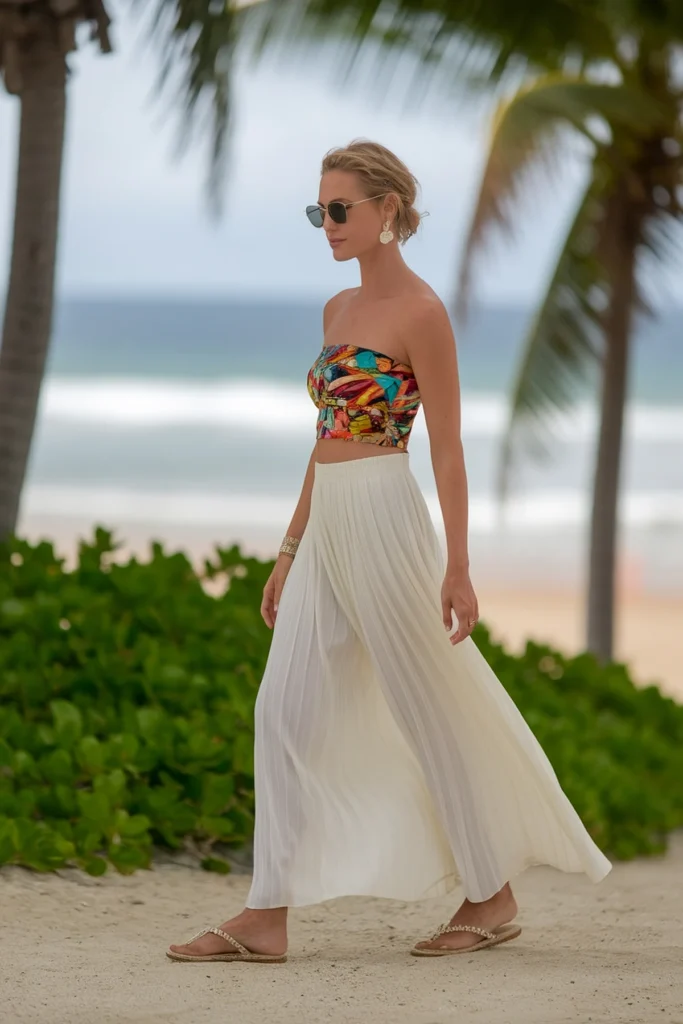 Woman in tropical outfit walks on beach, wearing colorful top and white skirt. Palm trees and ocean in background.