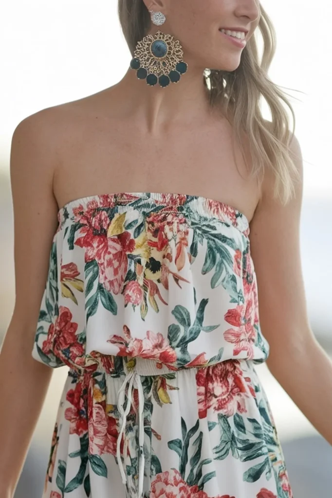 Woman in floral strapless dress with statement earrings, smiling and looking to the side.