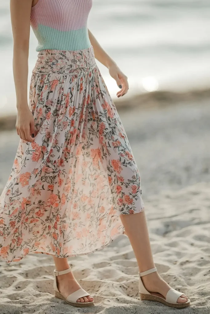 Woman in floral skirt walking on beach sand, wearing pastel top and espadrille sandals. Summer fashion vibe.