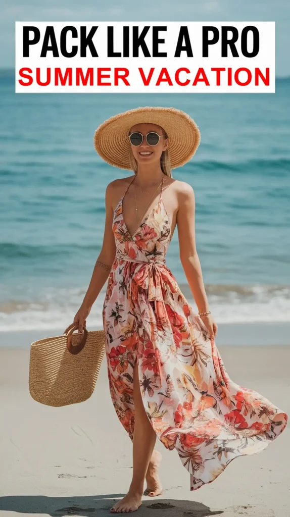 Woman in floral dress and sun hat on beach, ideal summer vacation packing tips.