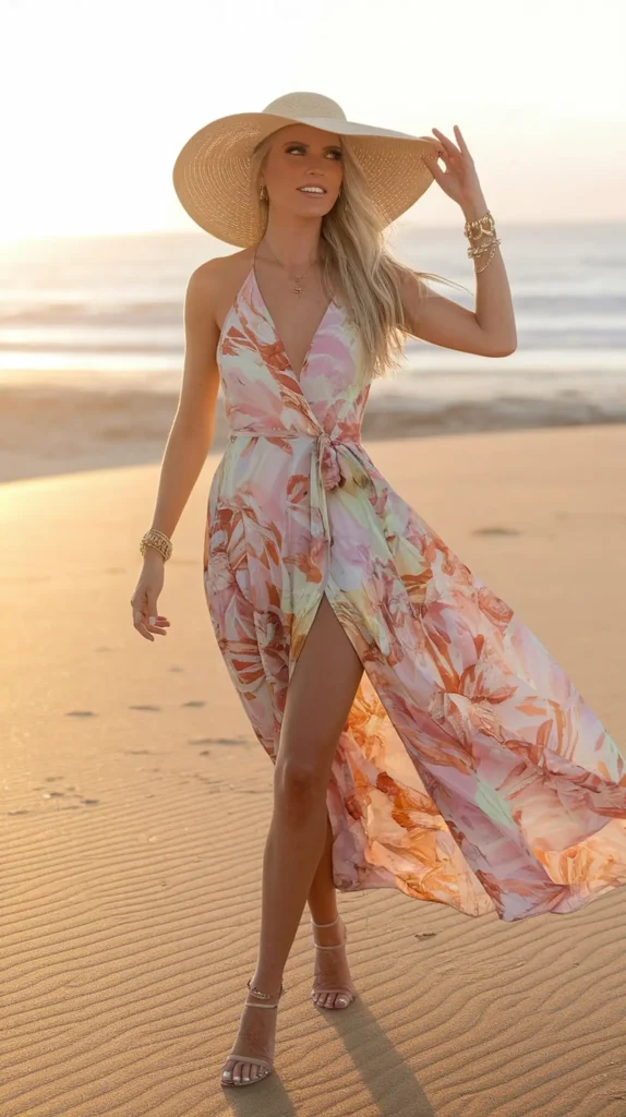 Beach vacay outfits. Woman in floral dress and sun hat walking on a beach at sunset.