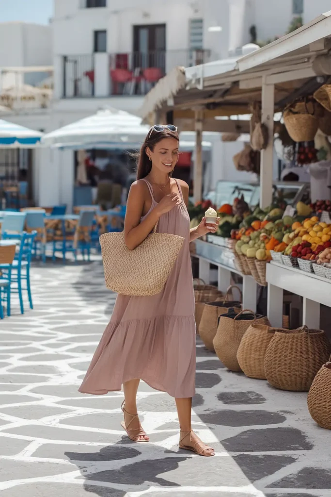 Woman enjoying ice cream walks by fruit market in a sunny outdoor setting.