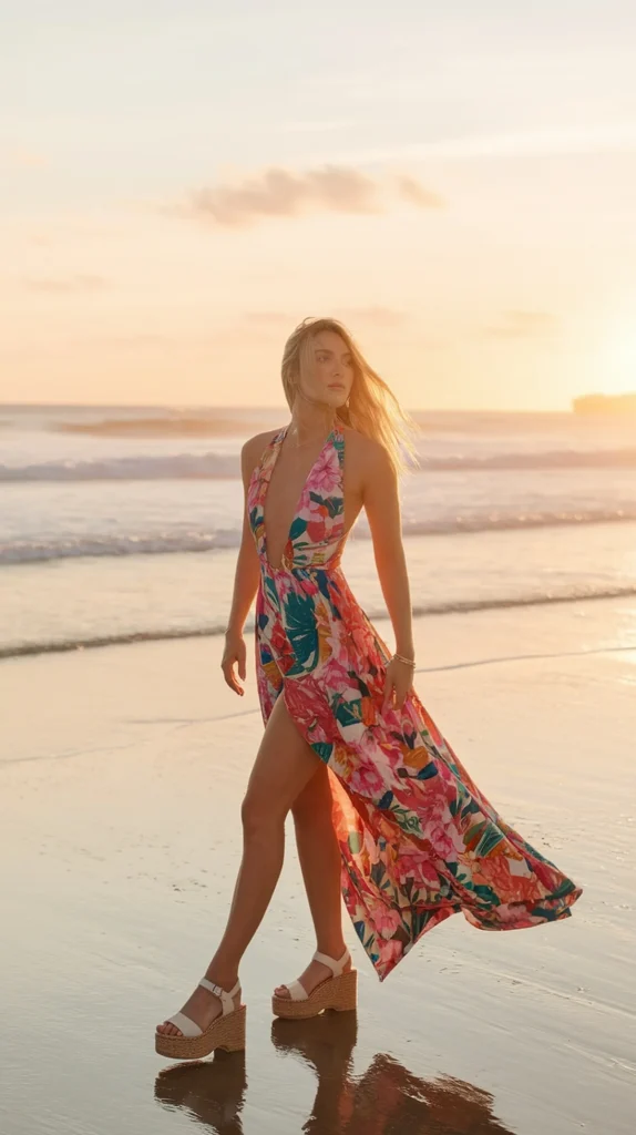 Woman in floral dress walking on beach at sunset, sand reflecting pastel sky colors.