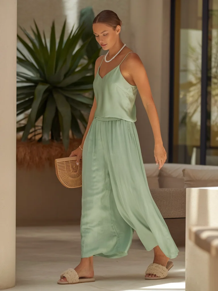 Woman in green dress walking indoors with bamboo clutch and pearl necklace.