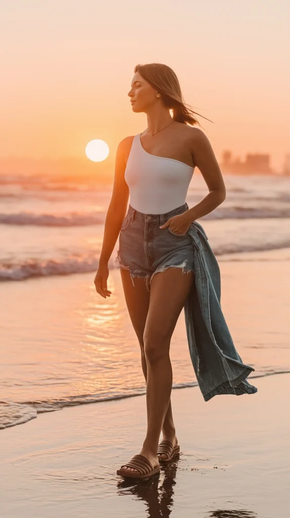 Woman in denim shorts walking on the beach at sunset, holding a jacket, serene ocean waves in the background.