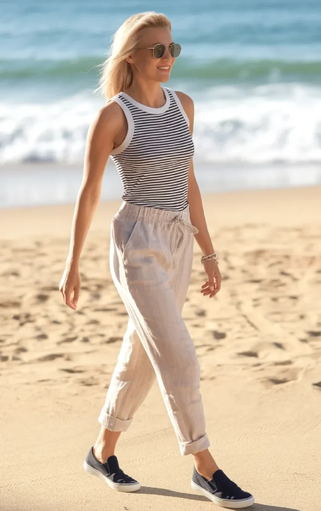 Woman in striped tank top and pants walking on a sunny beach, wearing sunglasses and smiling.