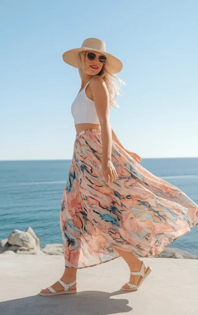 Woman in sun hat and floral skirt enjoying a sunny day by the ocean.