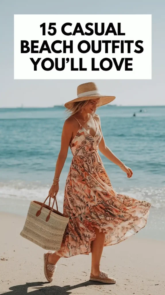Woman in floral beach dress and hat by the sea, promoting casual summer outfits.