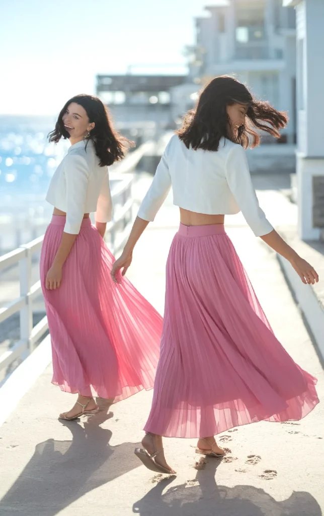 Woman in pink skirt and white top twirling on a sunny beachfront walkway, with ocean in the background.