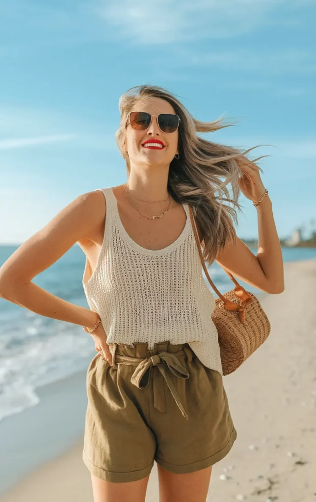 Woman enjoying a sunny beach day in stylish summer attire with sunglasses and a woven bag.