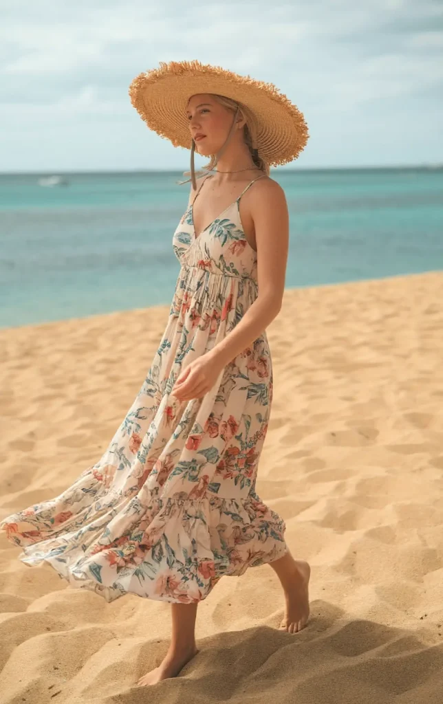 Woman in floral dress and sun hat walks on beach by the ocean.