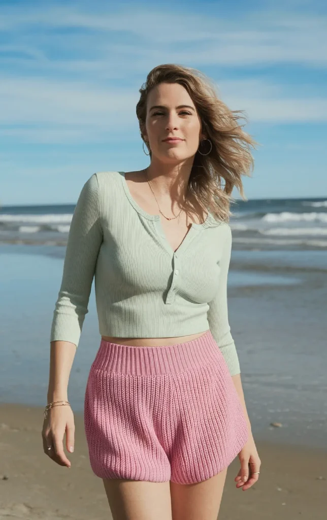 Young woman in pink shorts and green top walking on a sunny beach, with waves and blue sky in the background.