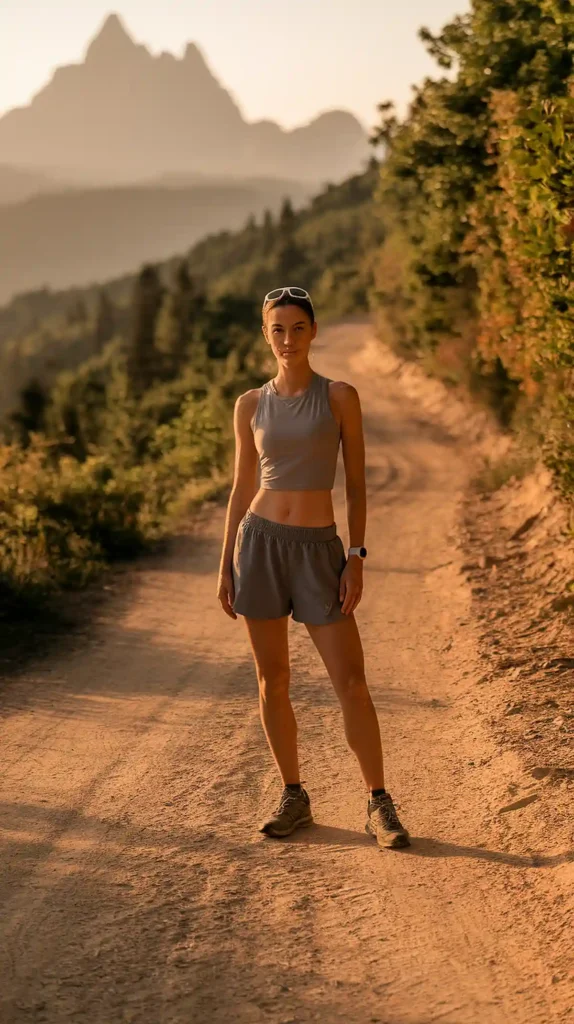 Woman hiking on a scenic trail in mountains at sunset, wearing athletic gear.