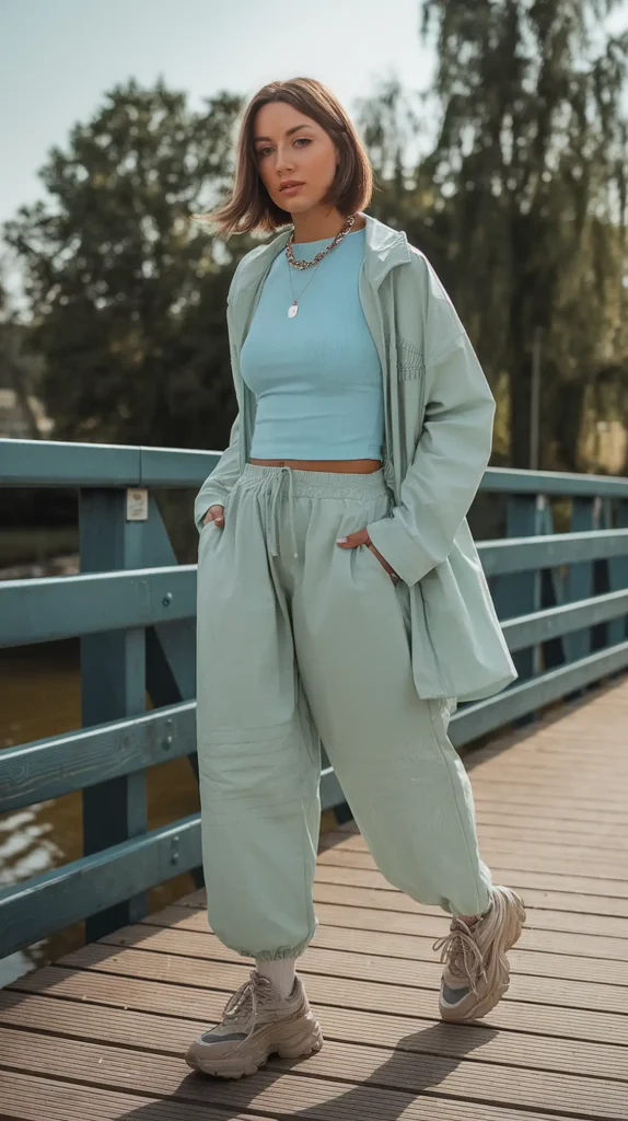 Cute hiking outfit ideas. Woman in stylish mint green outfit and sneakers posing on a wooden bridge outdoors.