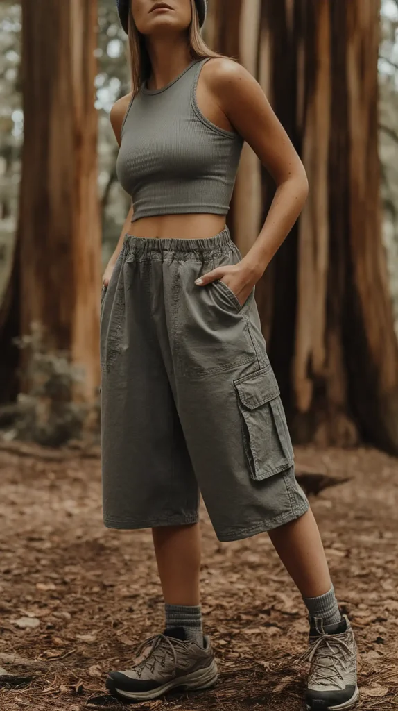 Woman in outdoor attire, wearing gray crop top and cargo shorts, standing in a forest setting.