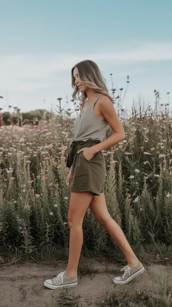 Woman walking in a blooming field under a clear blue sky, wearing casual summer attire.