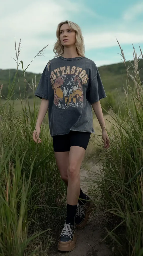 Young woman in graphic t-shirt walking down a grassy path outdoors, under a clear sky.