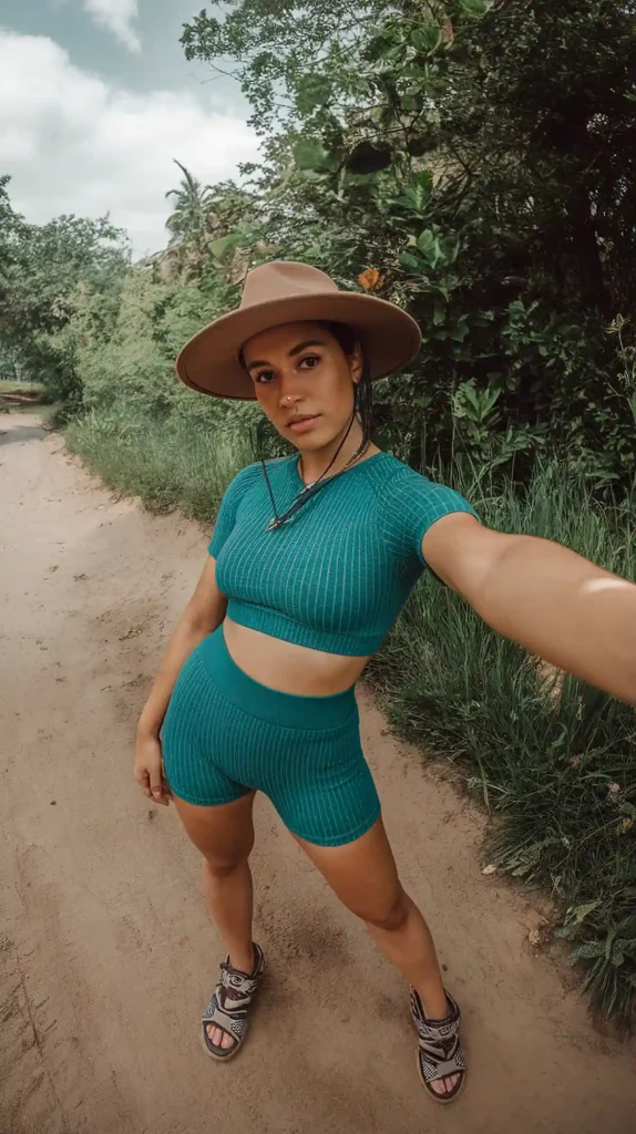 Woman in turquoise outfit and hat takes a selfie on a scenic nature trail, surrounded by lush greenery.