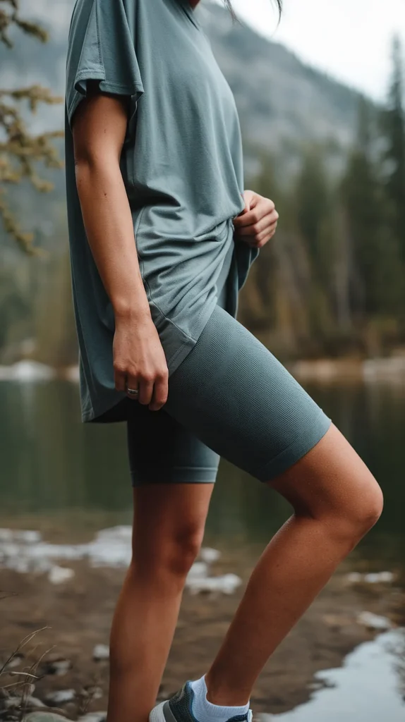 Person in blue activewear and sneakers exploring nature by a lake, highlighting outdoor adventure and fitness.