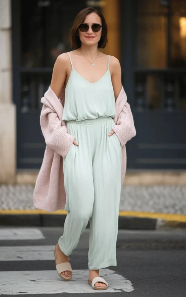 What to wear in Lisbon in September. Woman in pastel jumpsuit, pink cardigan, sunglasses, and sandals crossing a street. Casual chic fashion style.