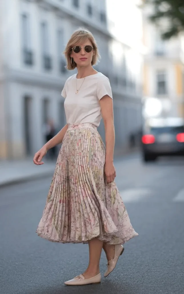 Woman in chic floral skirt and white tee walking on city street, wearing sunglasses and beige shoes.