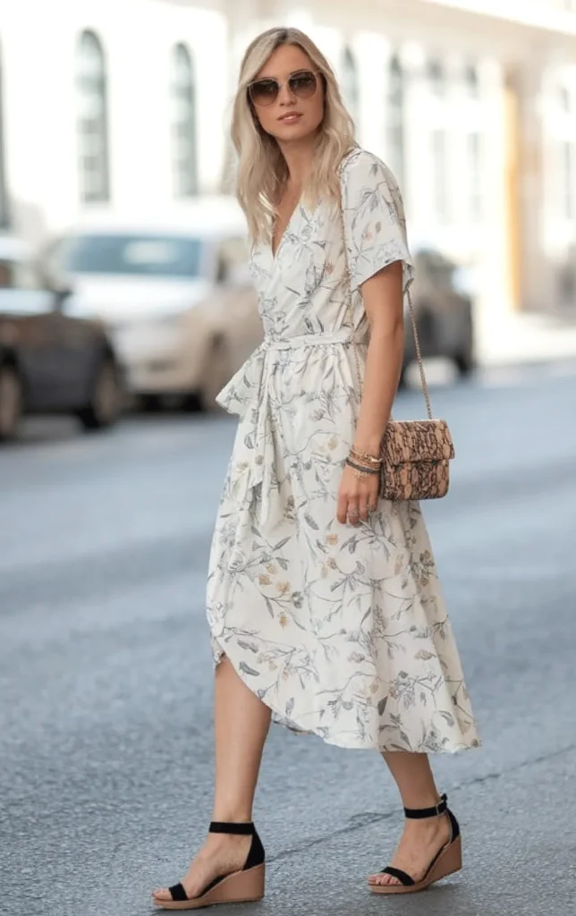 Woman in floral dress and sunglasses walking on city street.