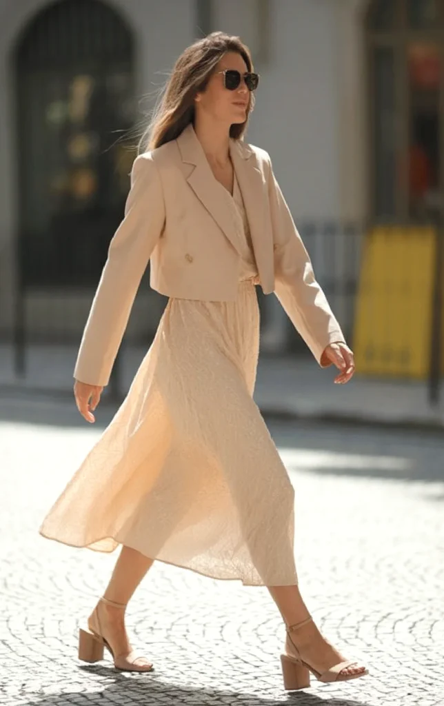 Woman in a stylish beige outfit walks confidently on a sunny street with sunglasses and heels.