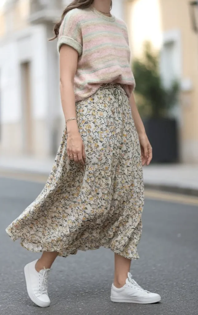 Woman in a striped top and floral skirt walking on a street, wearing white sneakers. Casual, stylish streetwear.