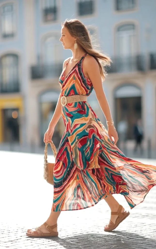 Woman in a colorful summer dress walking in the city, carrying a woven bag, enjoying a sunny day outdoors.