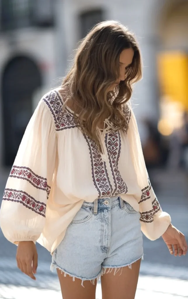 Woman in embroidered boho blouse and denim shorts, walking outdoors on a sunny day.