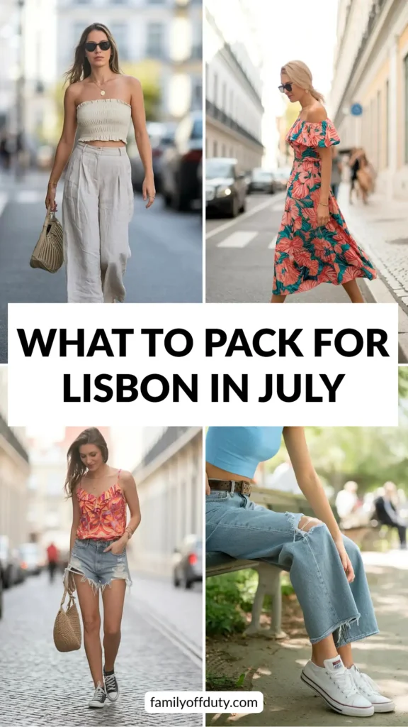 Fashionable summer outfits for women in Lisbon featuring dresses, tops, and ripped jeans.