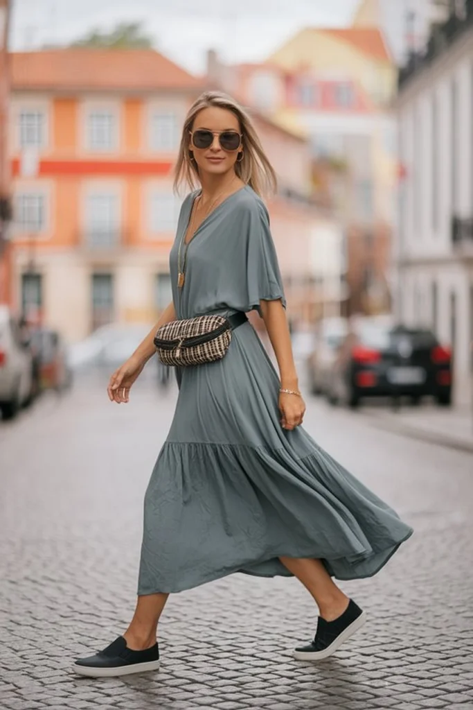Stylish woman in gray dress with a belt bag walking on cobblestone street, wearing sunglasses and black sneakers.