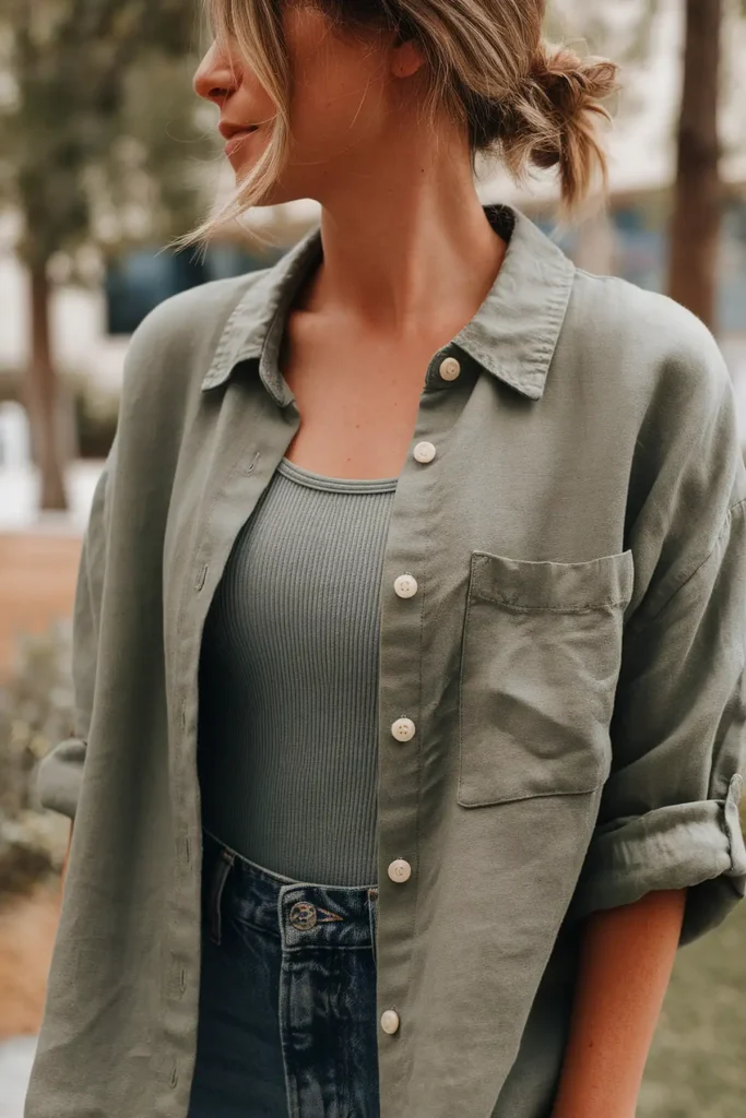 Woman in green shirt and top with jeans standing outdoors. Casual fashion style.