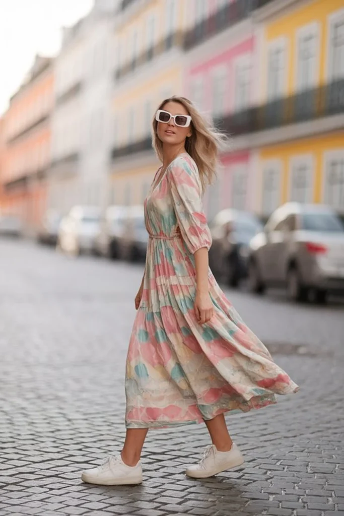 Fashionable woman in a colorful dress and sunglasses walking on a cobblestone street with vibrant buildings.