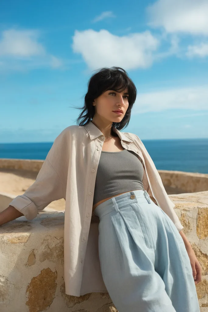 Woman leans on stone wall by the ocean, dressed in casual summer clothes under a clear blue sky.