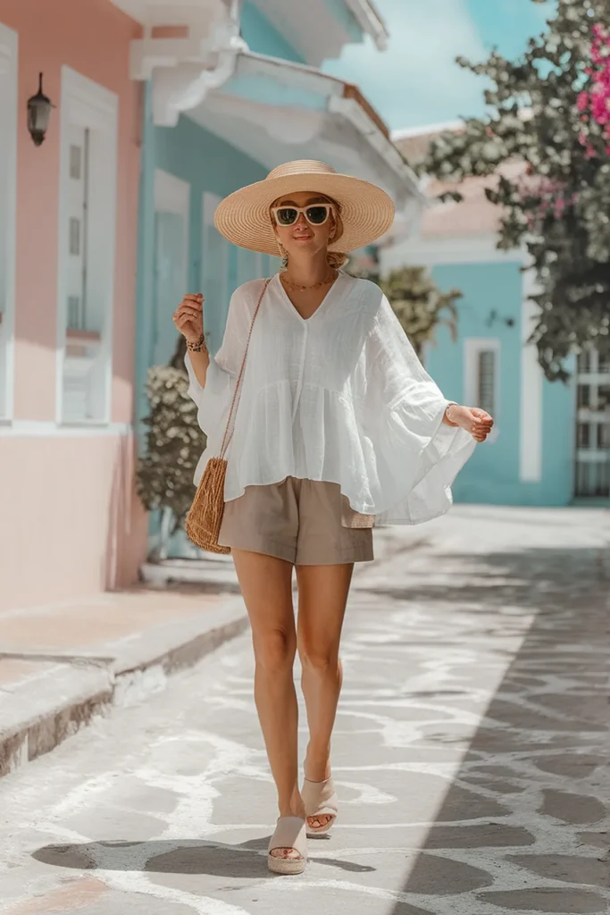 Woman in summer outfit strolls past colorful houses; wearing sun hat, white blouse, and sunglasses.