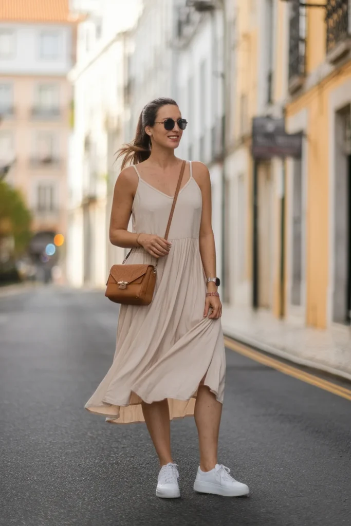 Woman in beige dress and sunglasses walks on city street, carrying brown bag, stylish summer fashion.