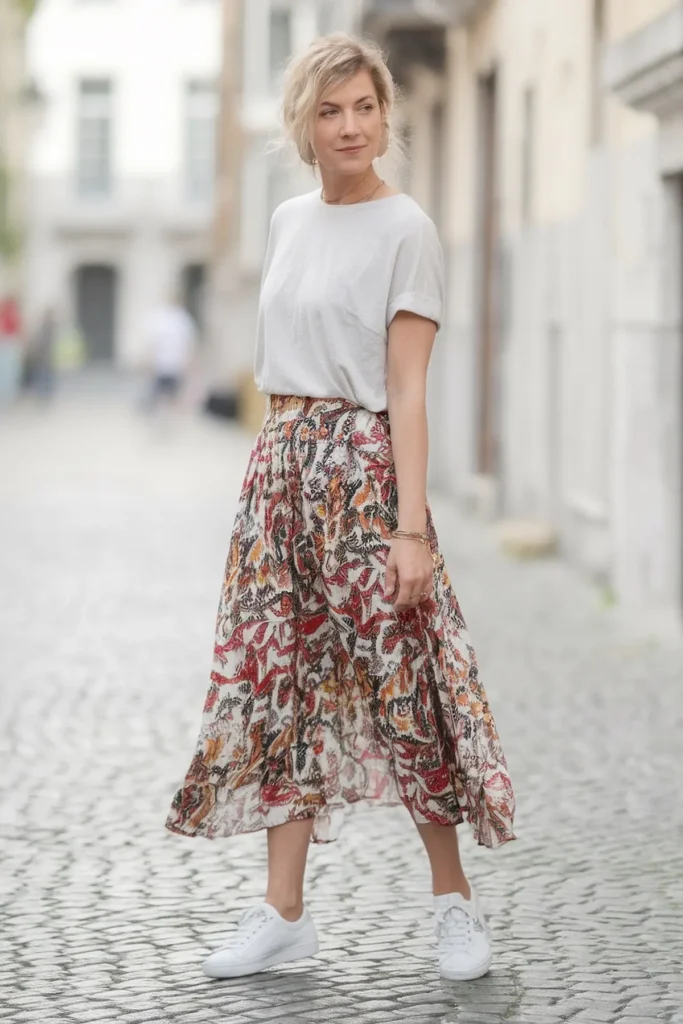 Woman in casual outfit with patterned skirt and white sneakers walking on cobblestone street. Elegant and stylish.