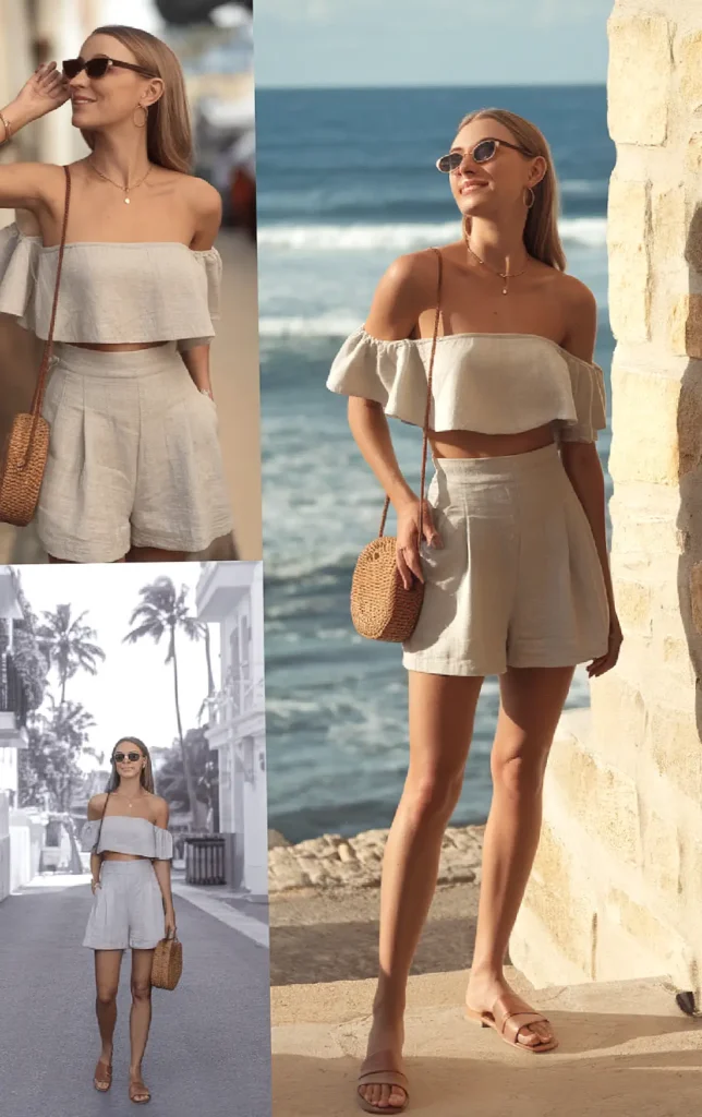 Woman in off-shoulder summer outfit, wicker bag, beach backdrop, stylish sunglasses, enjoying a sunny day by the sea.