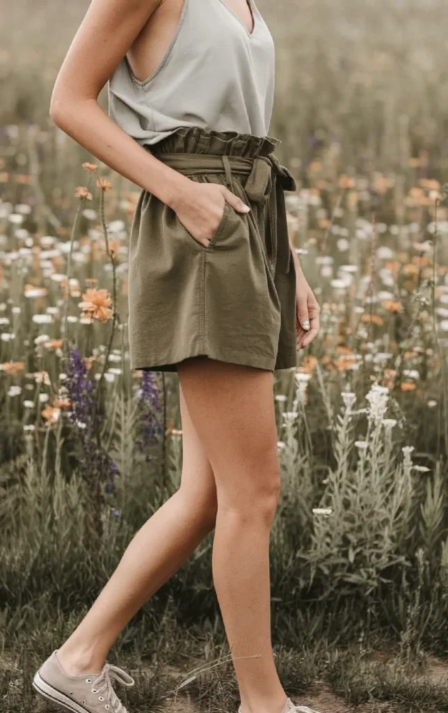 Woman in olive shorts and tank top walks through a flower meadow.