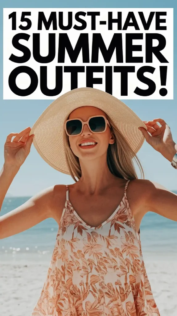 Stylish woman in a floral dress and sun hat on the beach, showcasing 15 must-have summer outfits.