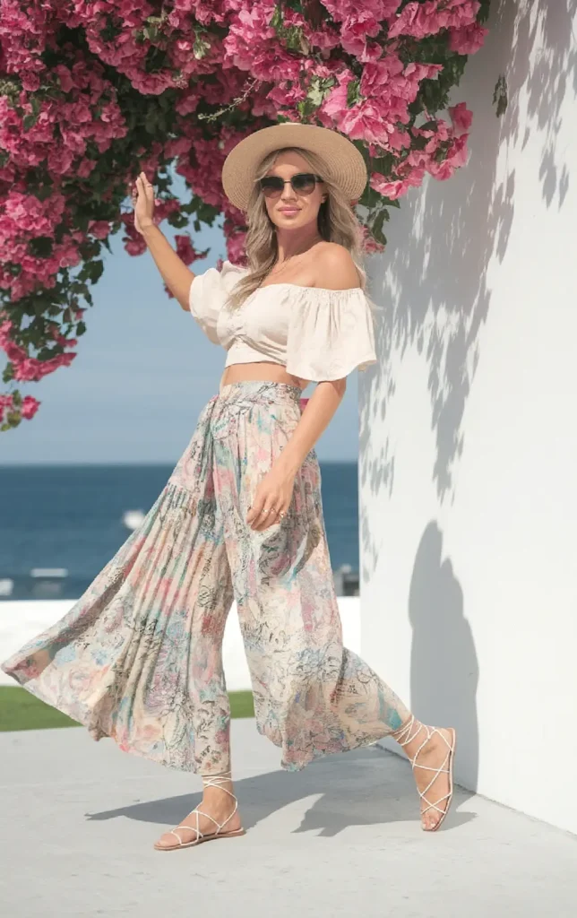 Woman in summer outfit posing by pink flowers and ocean, wearing hat and sunglasses.