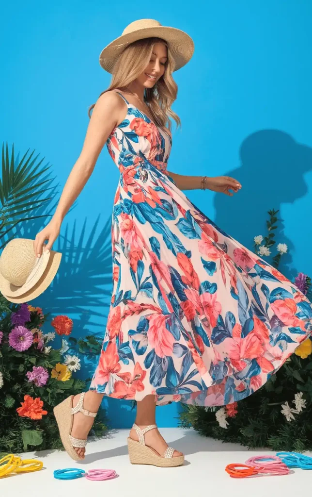 Woman in floral summer dress and hat, posing amid colorful flowers against a bright blue background.