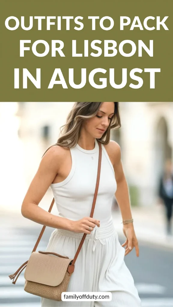 Woman in stylish summer outfit with white dress and bag, perfect for Lisbon travel in August.