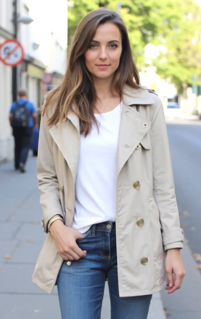 Woman in beige trench coat and jeans walking down city street.