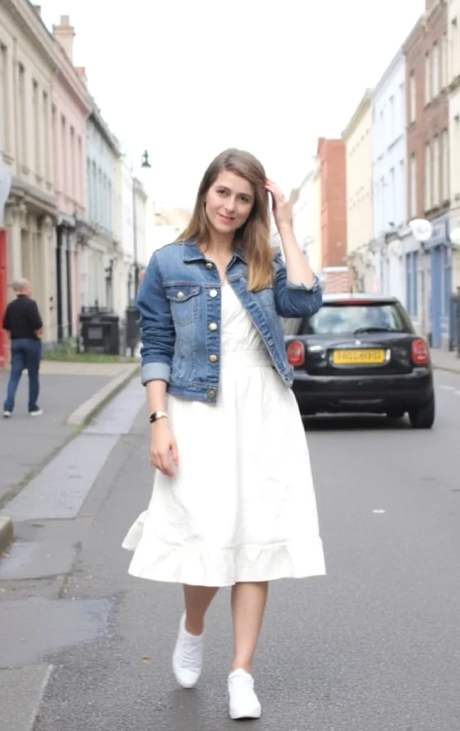Woman in denim jacket and white dress walking down a city street. Urban fashion style.